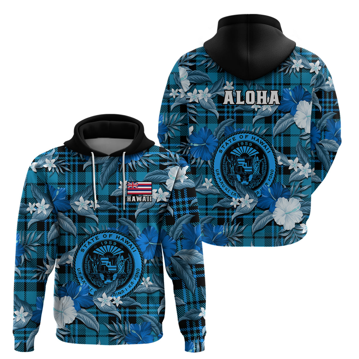 Hawaii State Hoodie Tropical Flowers Mix Tartan Blue Version - Wonder Print Shop