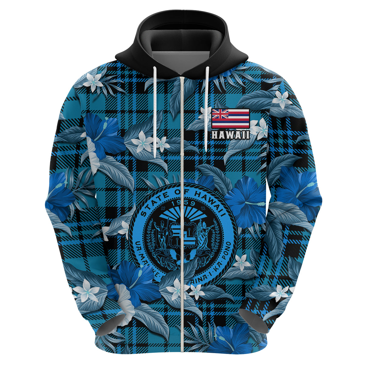 Hawaii State Hoodie Tropical Flowers Mix Tartan Blue Version - Wonder Print Shop