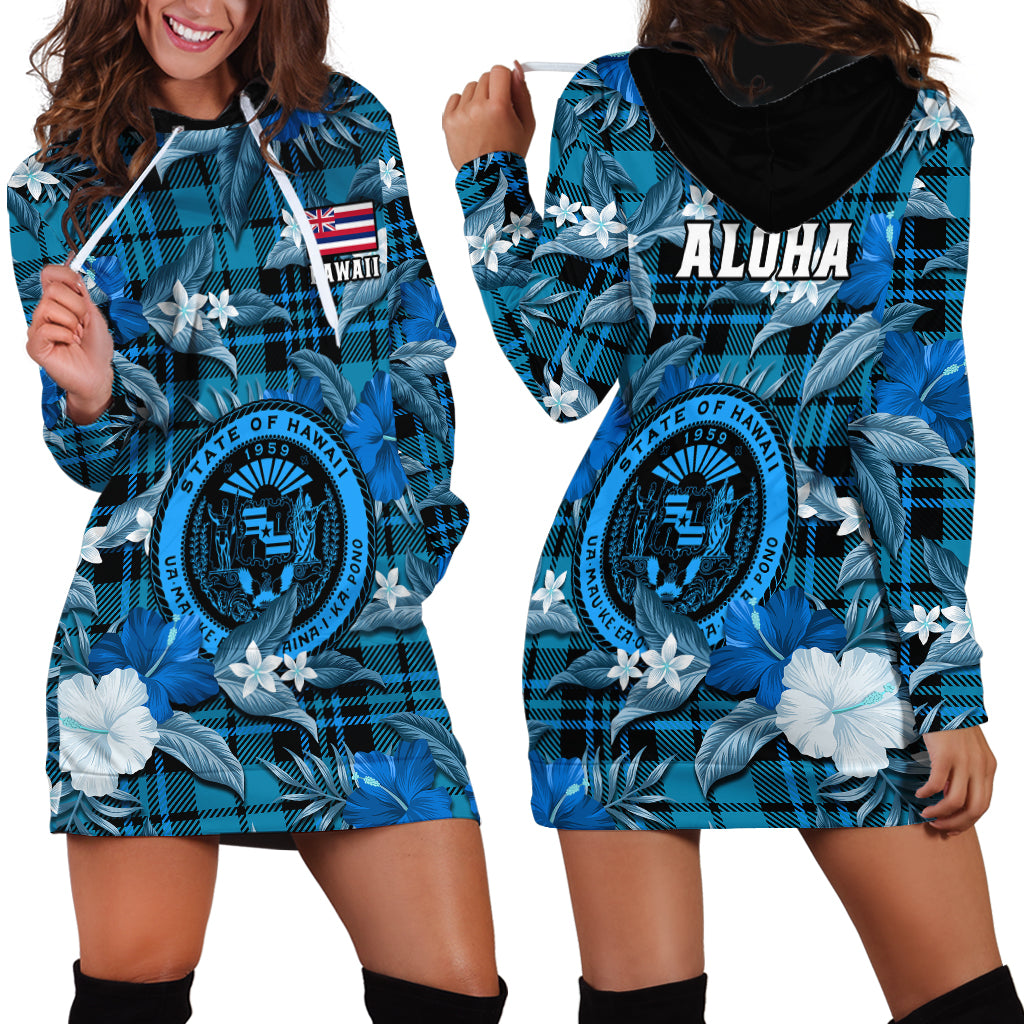 Hawaii State Hoodie Dress Tropical Flowers Mix Tartan Blue Version - Wonder Print Shop
