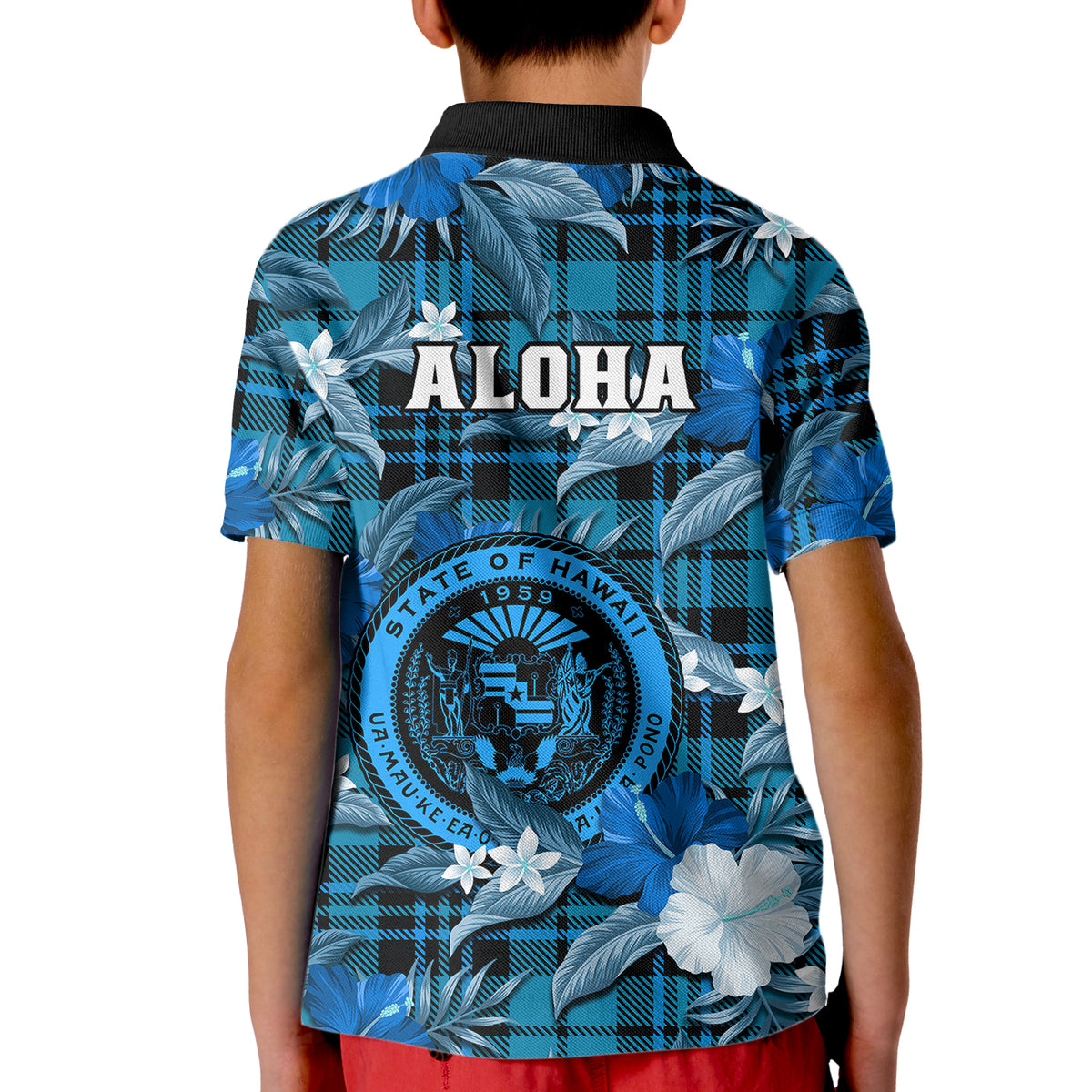 Hawaii State Polo Shirt for Kid Tropical Flowers Mix Tartan Blue Version - Wonder Print Shop