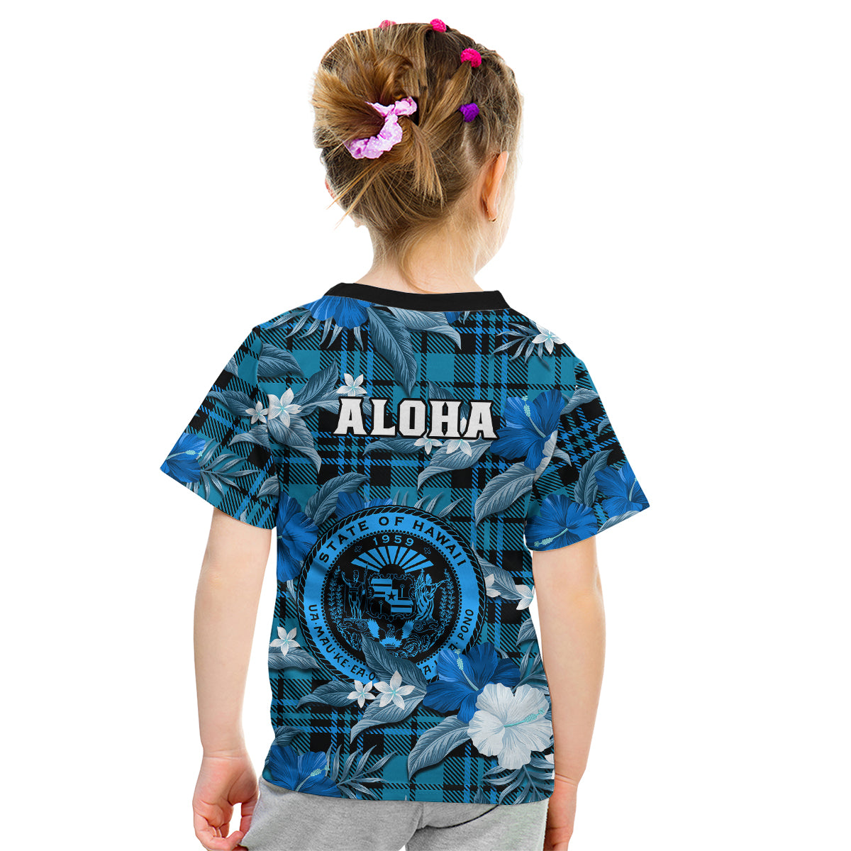 Hawaii State Kid T Shirt Tropical Flowers Mix Tartan Blue Version - Wonder Print Shop