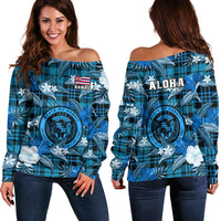 Hawaii State Off Shoulder Sweater Tropical Flowers Mix Tartan Blue Version - Wonder Print Shop