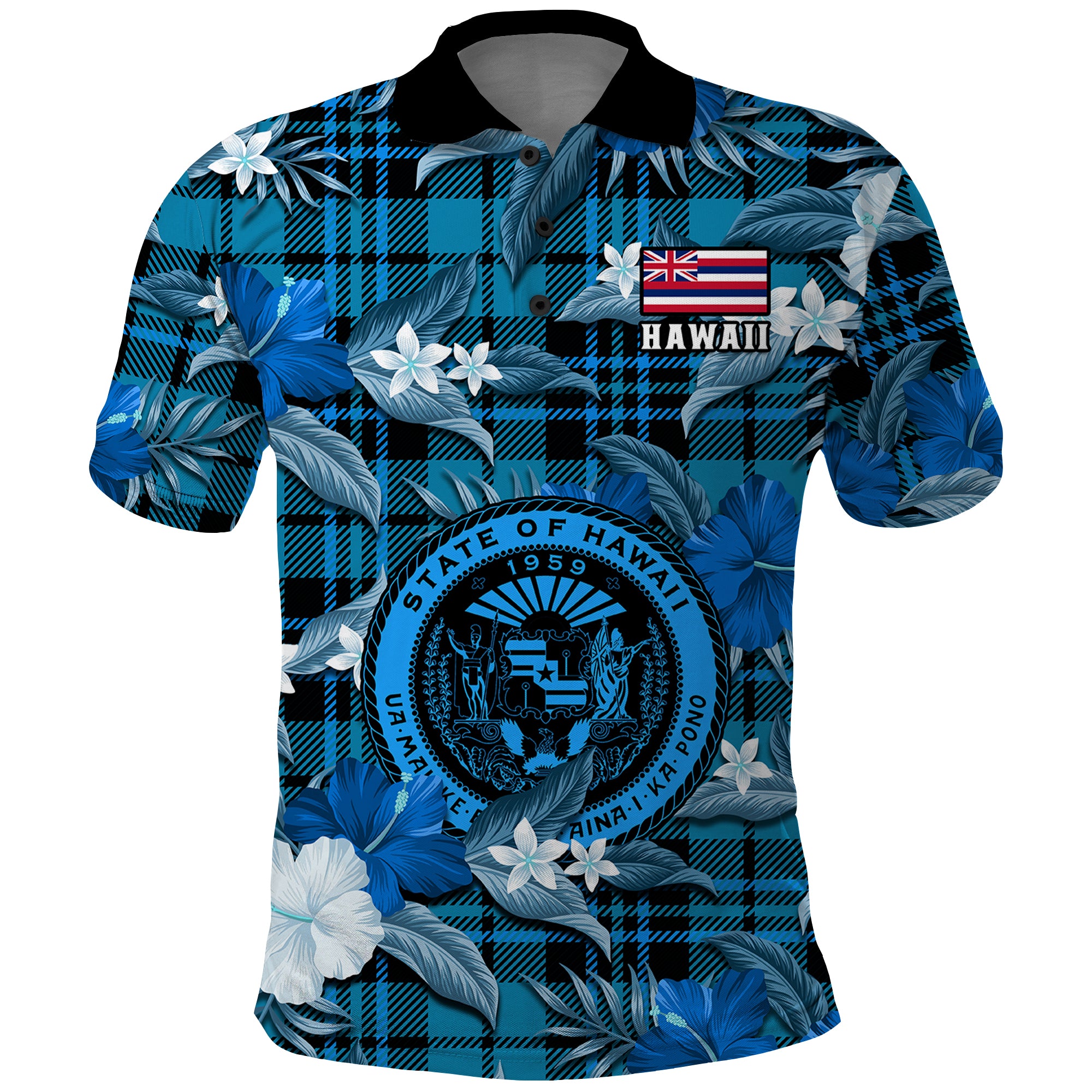 Hawaii State Polo Shirt Tropical Flowers Mix Tartan Blue Version - Wonder Print Shop