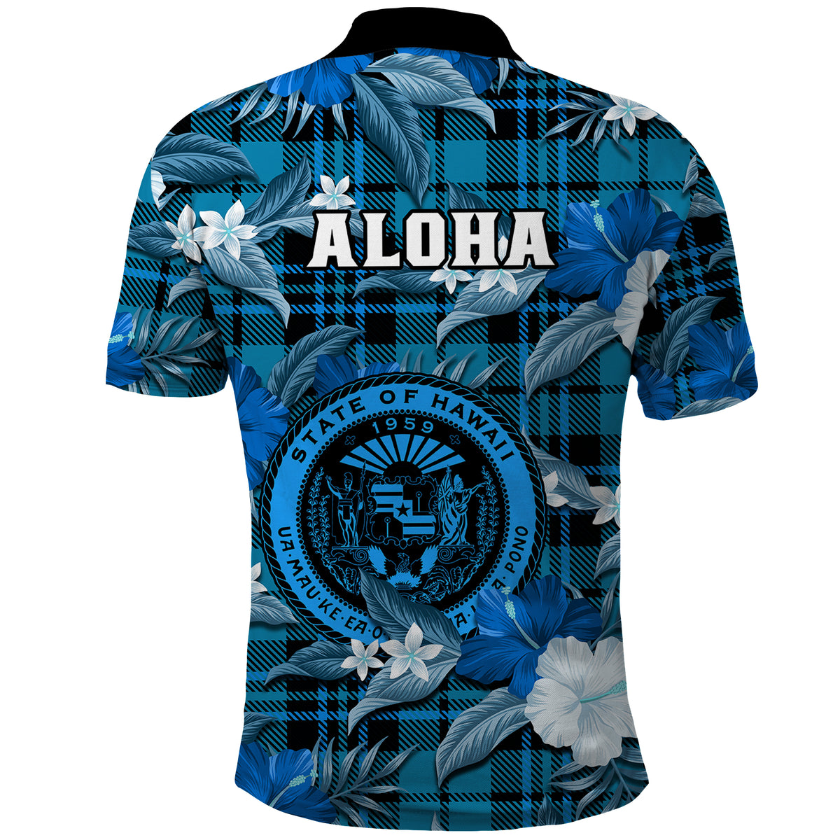 Hawaii State Polo Shirt Tropical Flowers Mix Tartan Blue Version - Wonder Print Shop