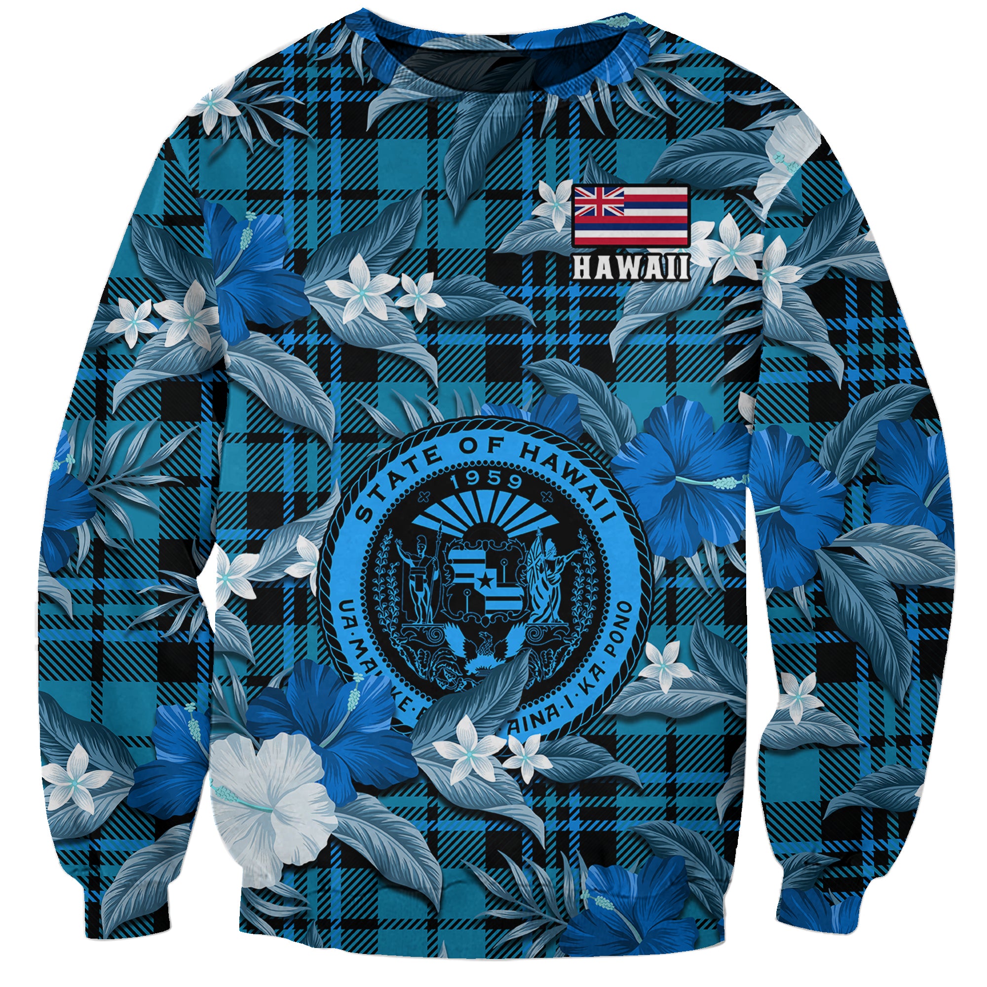 Hawaii State Sweatshirt Tropical Flowers Mix Tartan Blue Version - Wonder Print Shop