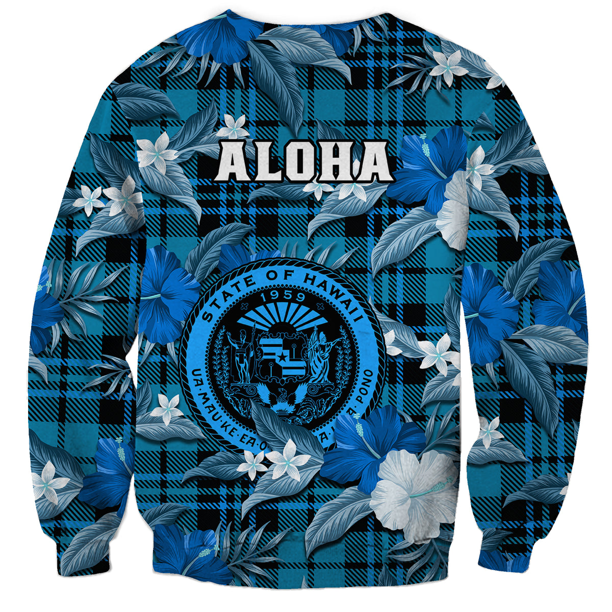 Hawaii State Sweatshirt Tropical Flowers Mix Tartan Blue Version - Wonder Print Shop