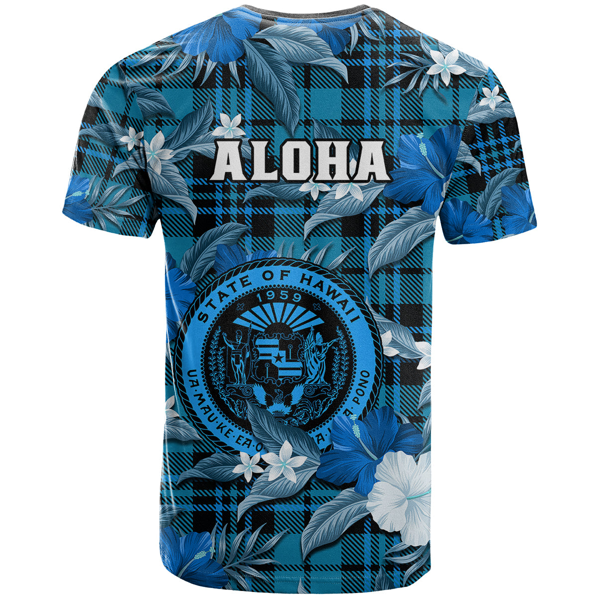 Hawaii State T Shirt Tropical Flowers Mix Tartan Blue Version - Wonder Print Shop