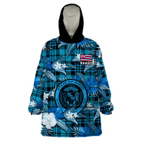 Hawaii State Wearable Blanket Hoodie Tropical Flowers Mix Tartan Blue Version - Wonder Print Shop