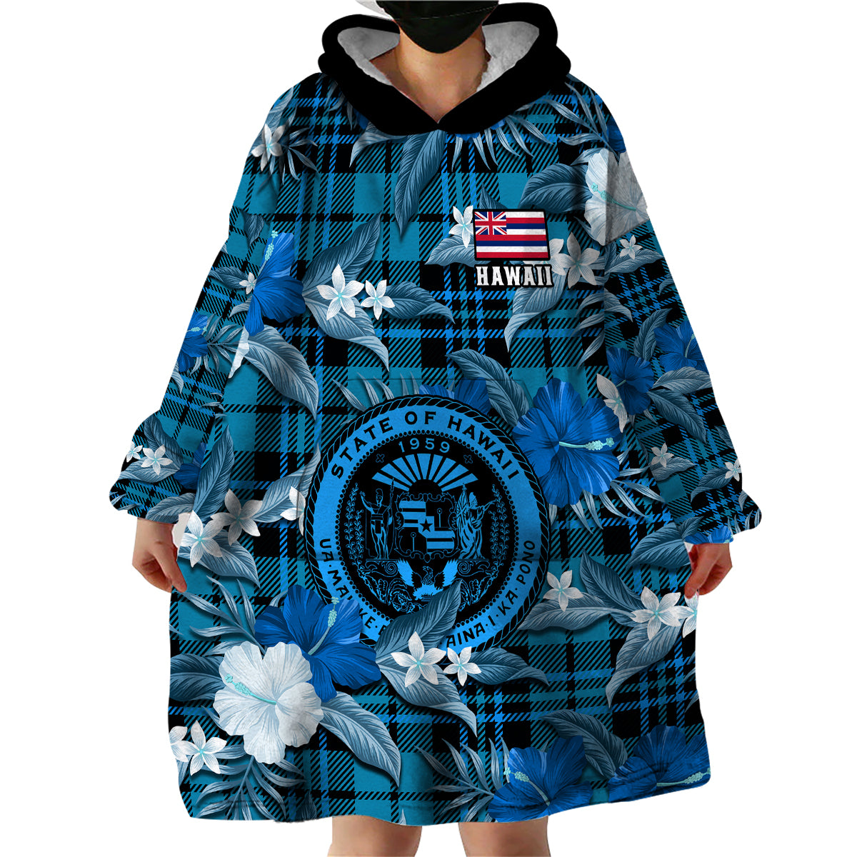 Hawaii State Wearable Blanket Hoodie Tropical Flowers Mix Tartan Blue Version - Wonder Print Shop