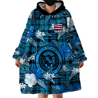 Hawaii State Wearable Blanket Hoodie Tropical Flowers Mix Tartan Blue Version - Wonder Print Shop