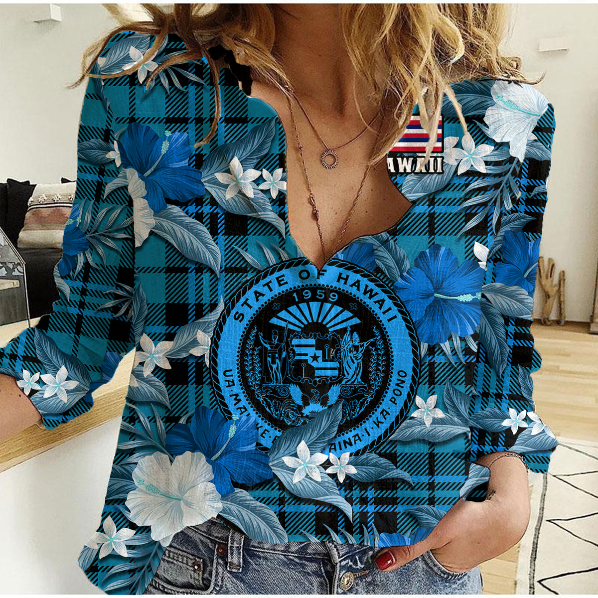 Hawaii State Women Casual Shirt Tropical Flowers Mix Tartan Blue Version - Wonder Print Shop