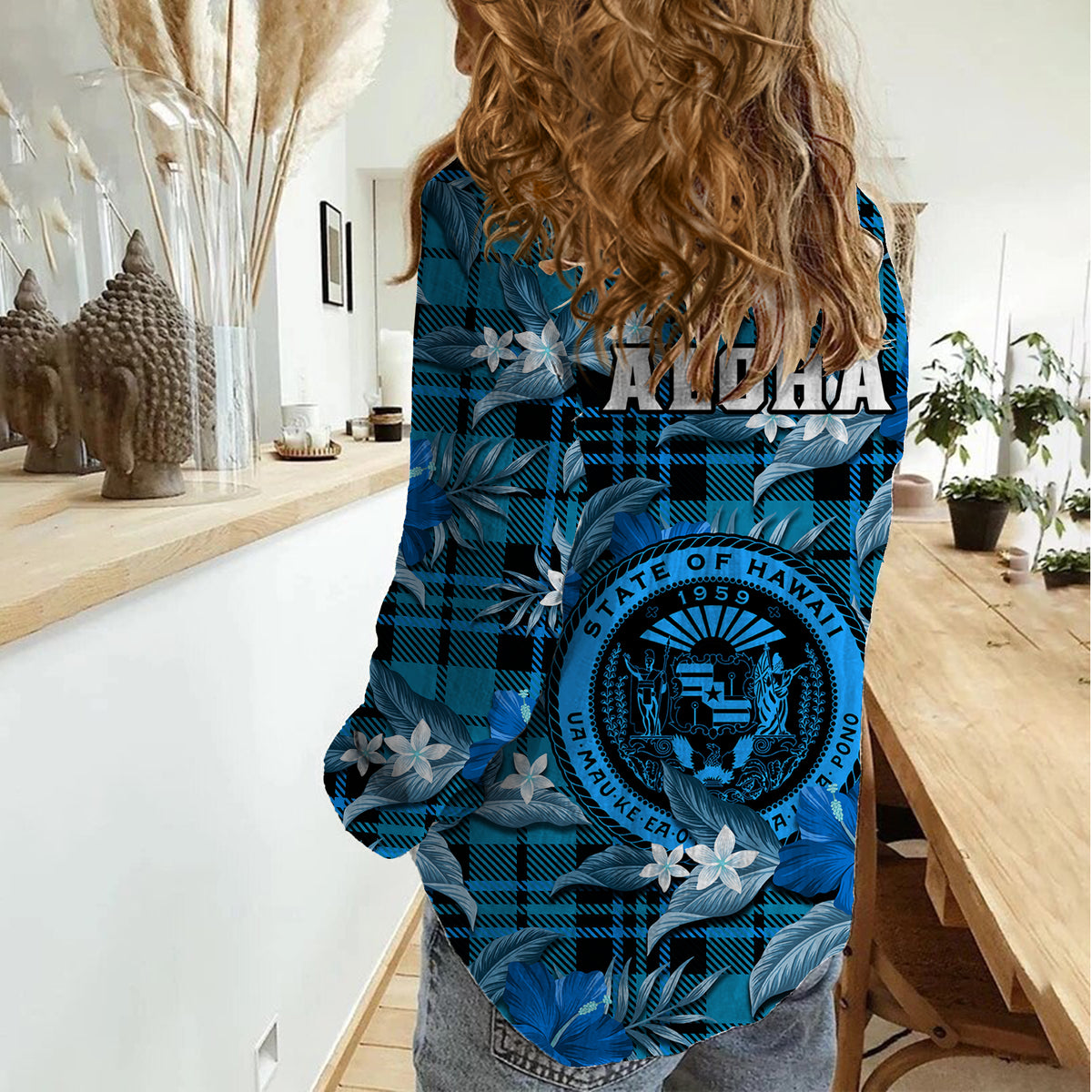 Hawaii State Women Casual Shirt Tropical Flowers Mix Tartan Blue Version - Wonder Print Shop
