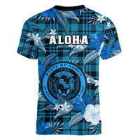 Hawaii State Women V Neck T Shirt Tropical Flowers Mix Tartan Blue Version - Wonder Print Shop