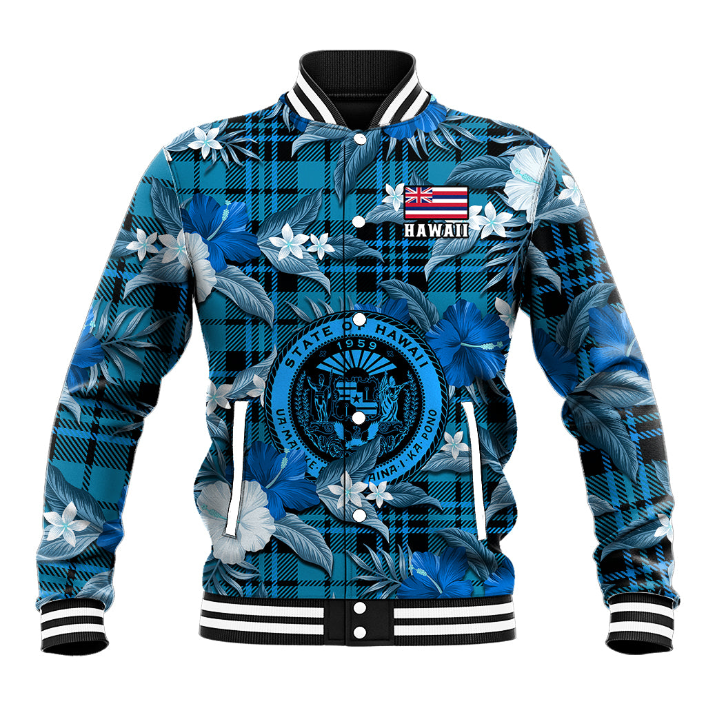 (Custom Personalised) Hawaii State Baseball Jacket Tropical Flowers Mix Tartan Blue Version - Wonder Print Shop