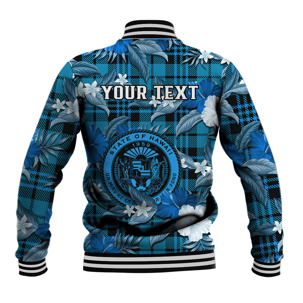 (Custom Personalised) Hawaii State Baseball Jacket Tropical Flowers Mix Tartan Blue Version - Wonder Print Shop