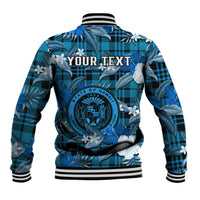 (Custom Personalised) Hawaii State Baseball Jacket Tropical Flowers Mix Tartan Blue Version - Wonder Print Shop