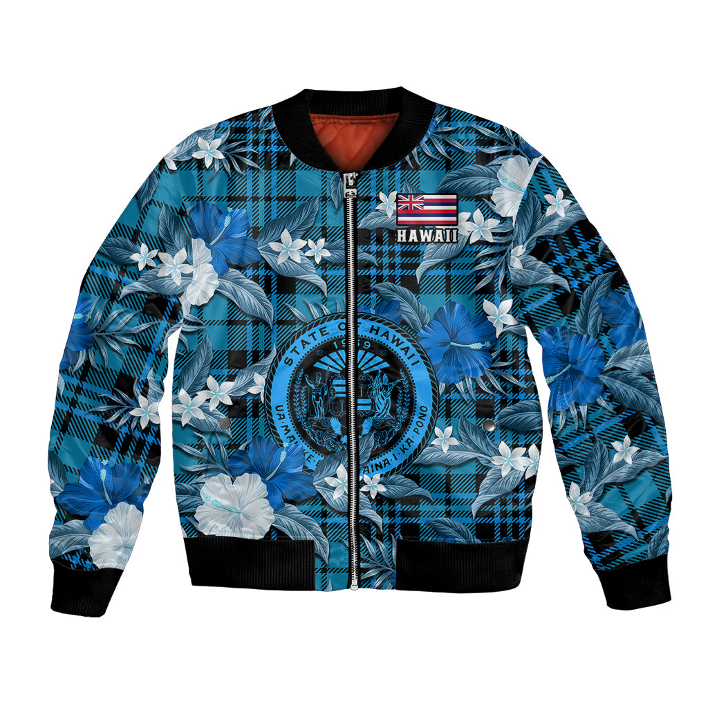 (Custom Personalised) Hawaii State Bomber Jacket Tropical Flowers Mix Tartan Blue Version - Wonder Print Shop