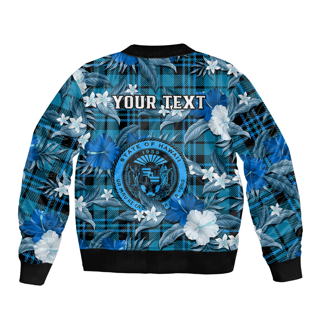 (Custom Personalised) Hawaii State Bomber Jacket Tropical Flowers Mix Tartan Blue Version - Wonder Print Shop