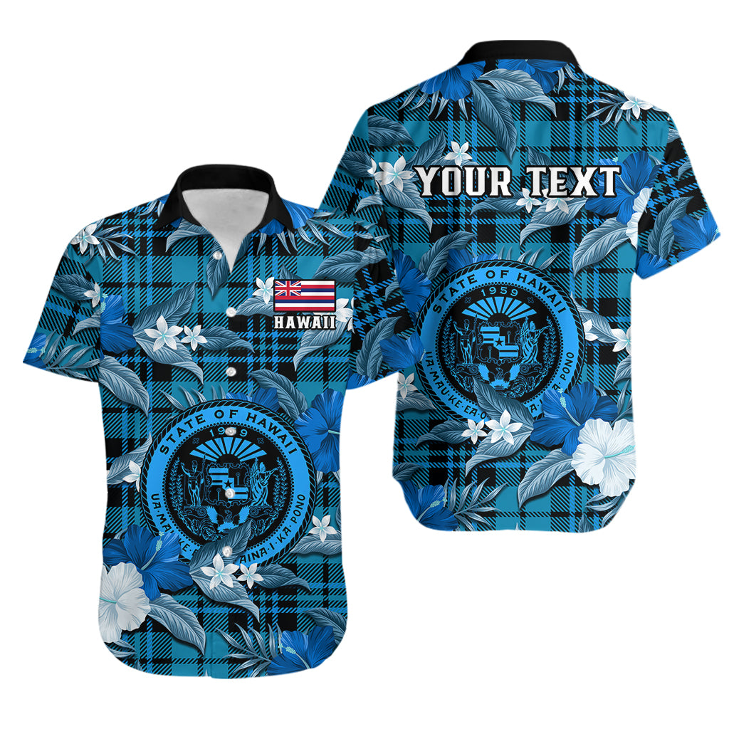 (Custom Personalised) Hawaii State Hawaiian Shirt Tropical Flowers Mix Tartan Blue Version - Wonder Print Shop