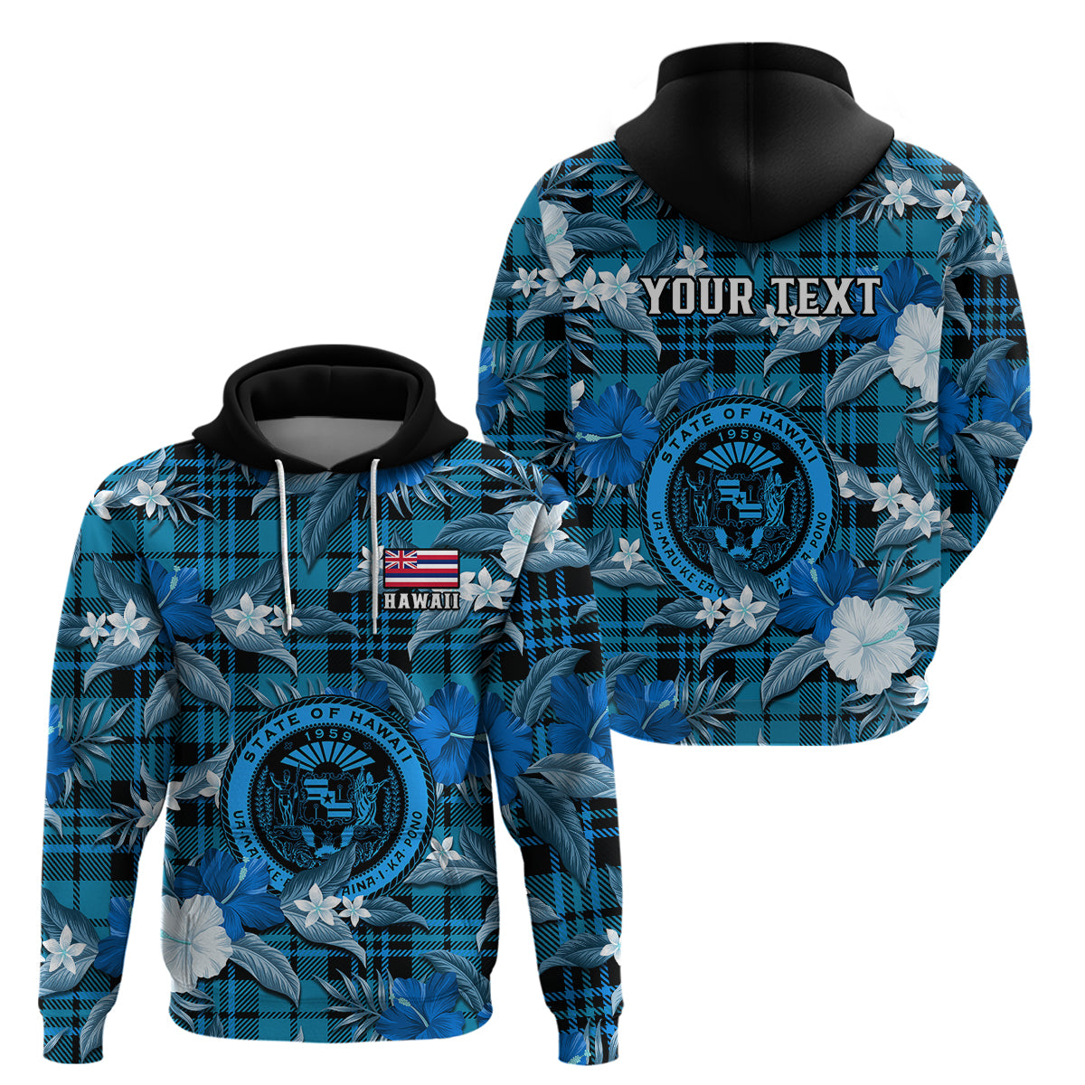 Custom Hawaii State Hoodie Tropical Flowers Mix Tartan Blue Version - Wonder Print Shop