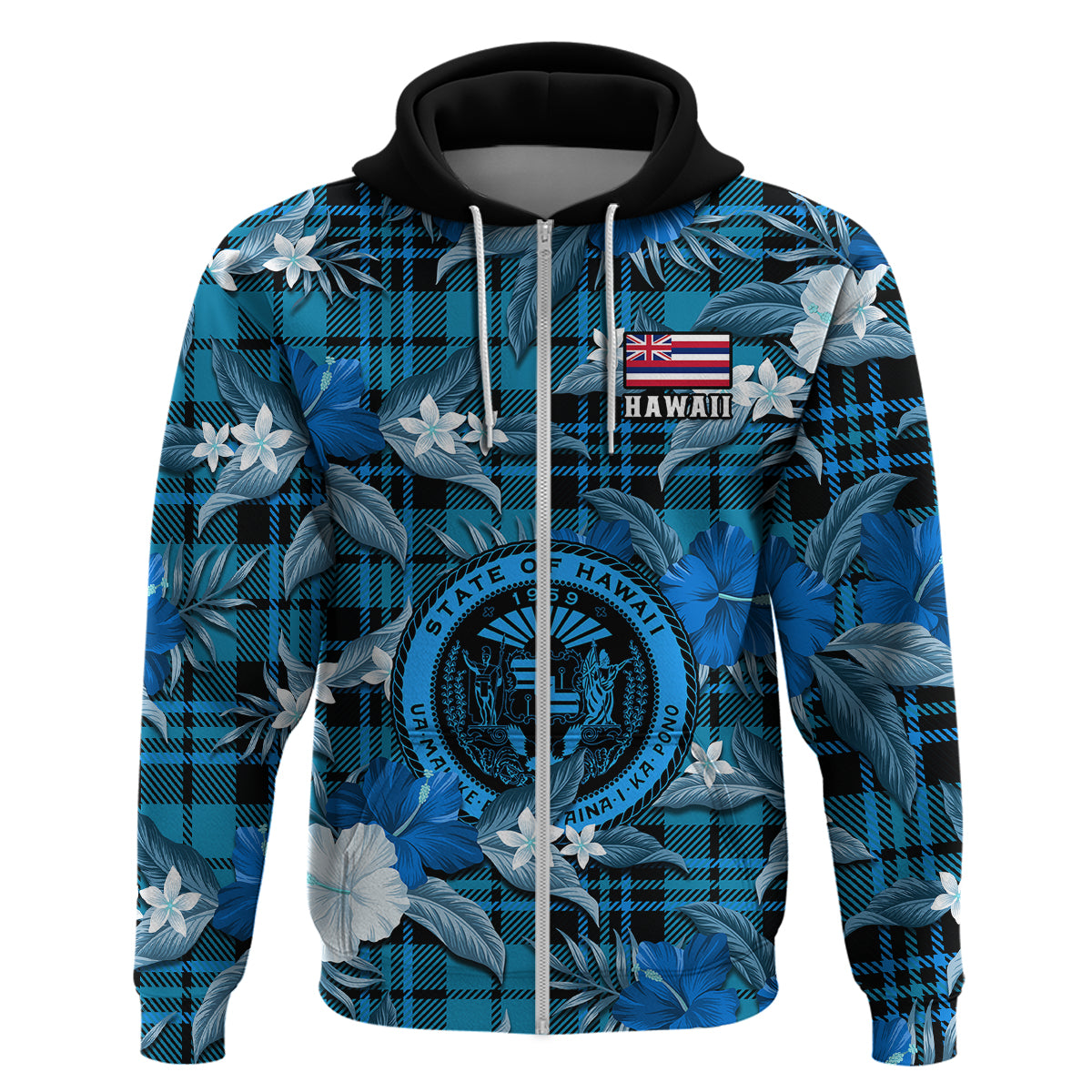 Custom Hawaii State Hoodie Tropical Flowers Mix Tartan Blue Version - Wonder Print Shop
