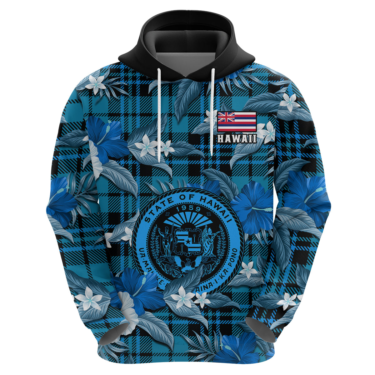 Custom Hawaii State Hoodie Tropical Flowers Mix Tartan Blue Version - Wonder Print Shop