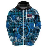 Custom Hawaii State Hoodie Tropical Flowers Mix Tartan Blue Version - Wonder Print Shop