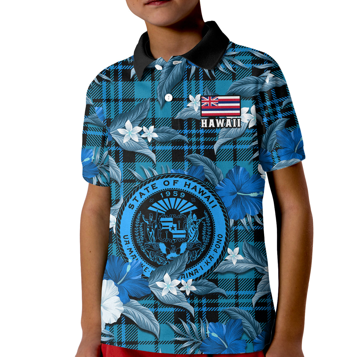 Custom Hawaii State Polo Shirt for Kid Tropical Flowers Mix Tartan Blue Version - Wonder Print Shop