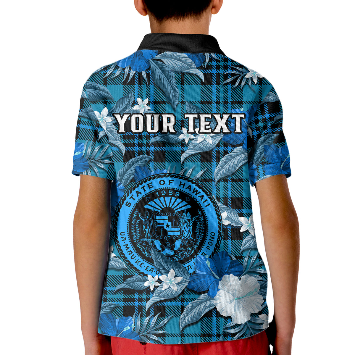 Custom Hawaii State Polo Shirt for Kid Tropical Flowers Mix Tartan Blue Version - Wonder Print Shop