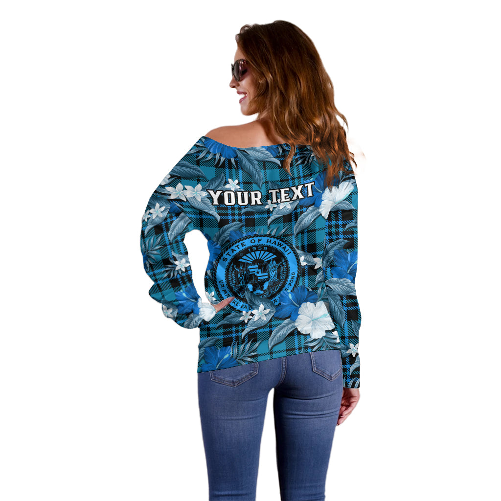 (Custom Personalised) Hawaii State Off Shoulder Sweater Tropical Flowers Mix Tartan Blue Version - Wonder Print Shop