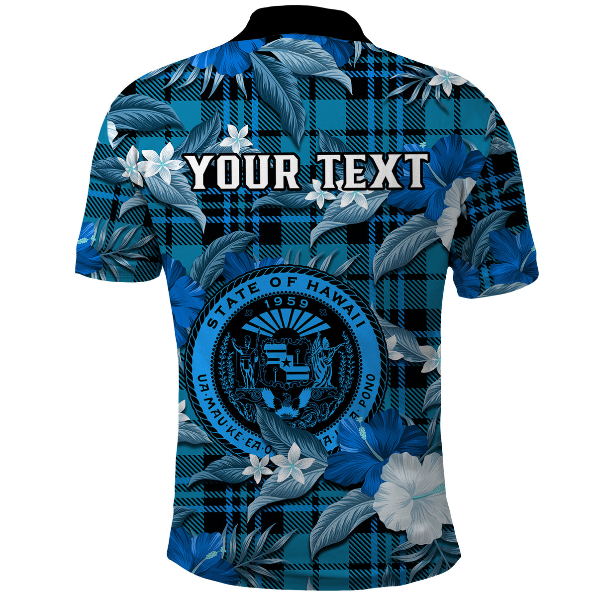 Custom Hawaii State Polo Shirt Tropical Flowers Mix Tartan Blue Version - Wonder Print Shop