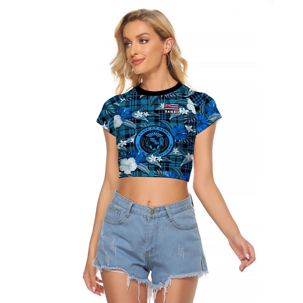 (Custom Personalised) Hawaii State Raglan Cropped T Shirt Tropical Flowers Mix Tartan Blue Version - Wonder Print Shop