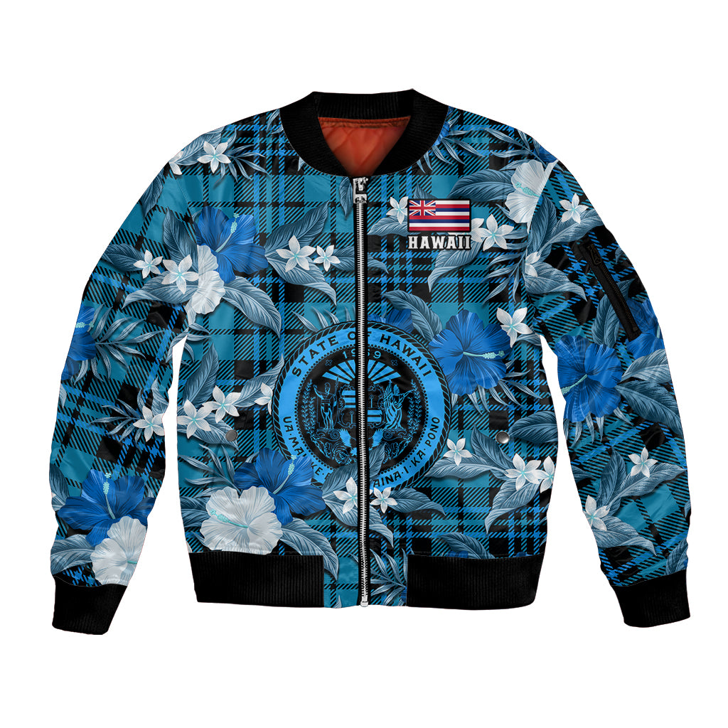 (Custom Personalised) Hawaii State Sleeve Zip Bomber Jacket Tropical Flowers Mix Tartan Blue Version - Wonder Print Shop