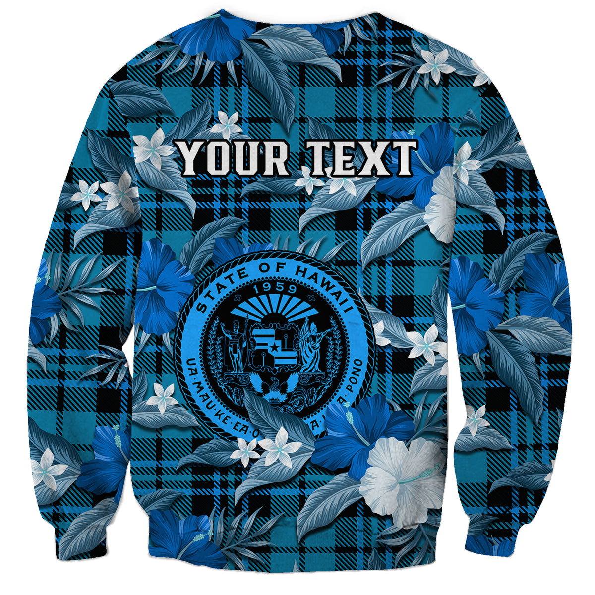 (Custom Personalised) Hawaii State Sweatshirt Tropical Flowers Mix Tartan Blue Version - Wonder Print Shop