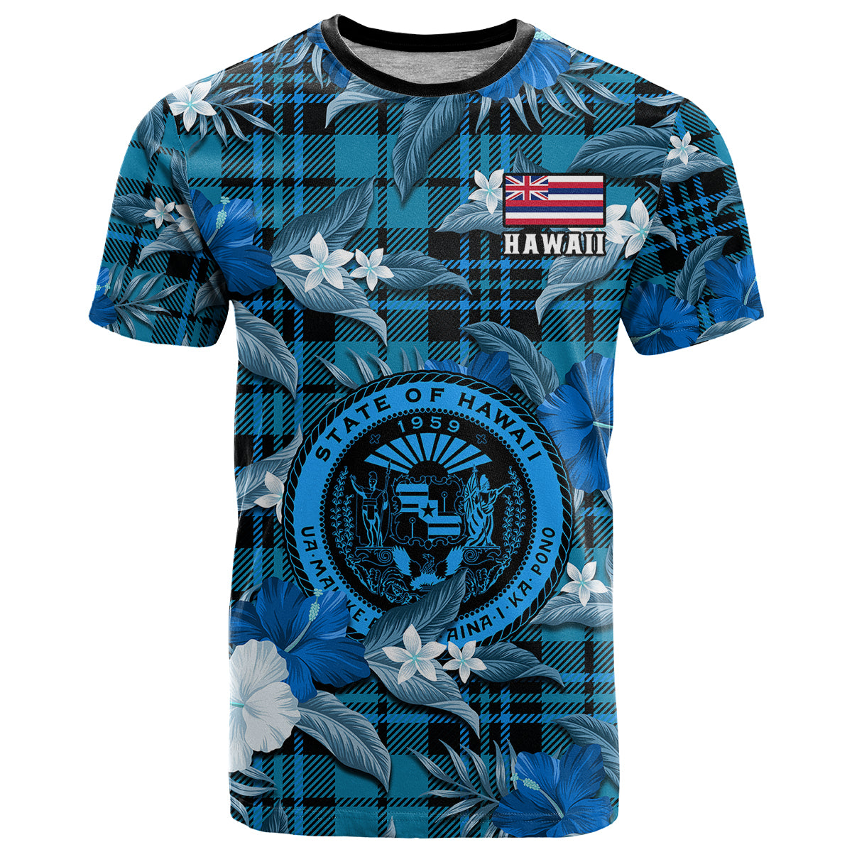 Custom Hawaii State T Shirt Tropical Flowers Mix Tartan Blue Version - Wonder Print Shop