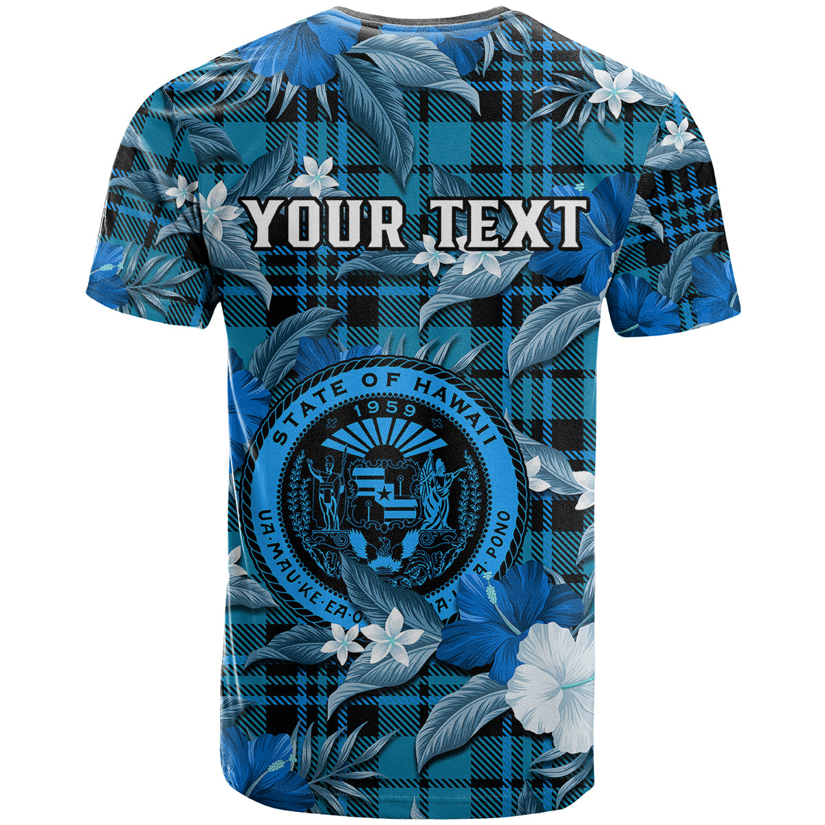 Custom Hawaii State T Shirt Tropical Flowers Mix Tartan Blue Version - Wonder Print Shop