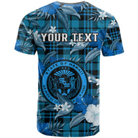 Custom Hawaii State T Shirt Tropical Flowers Mix Tartan Blue Version - Wonder Print Shop