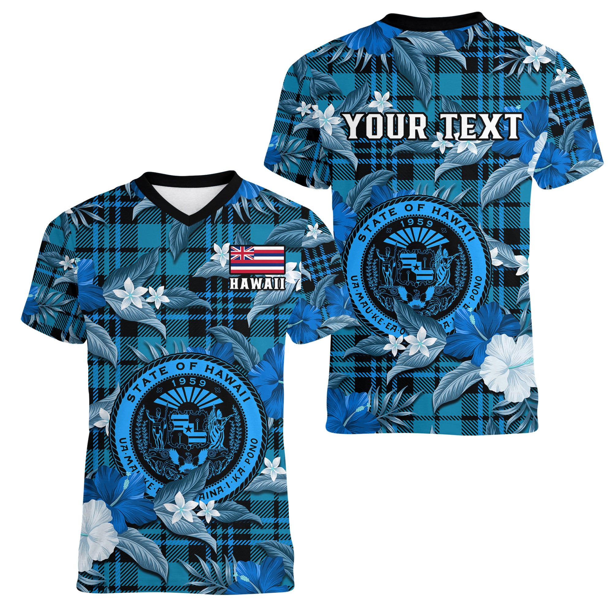 (Custom Personalised) Hawaii State Women V Neck T Shirt Tropical Flowers Mix Tartan Blue Version - Wonder Print Shop
