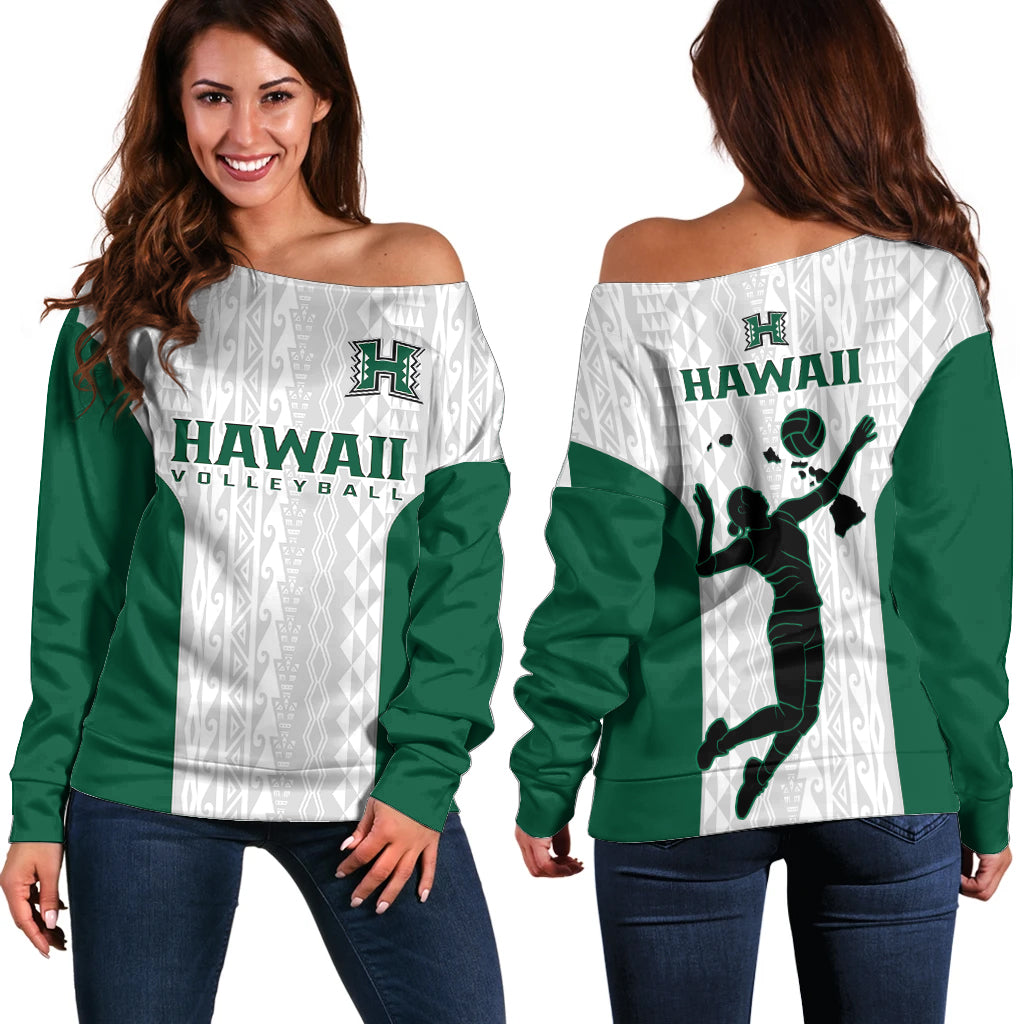 Hawaii Volleyball Off Shoulder Sweater Hawaiian Kakau White Style - Wonder Print Shop