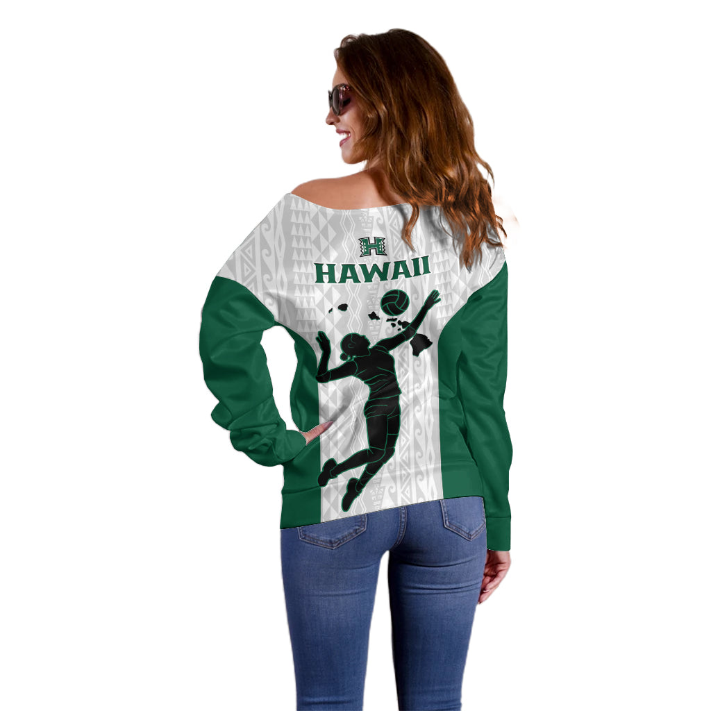 Hawaii Volleyball Off Shoulder Sweater Hawaiian Kakau White Style - Wonder Print Shop