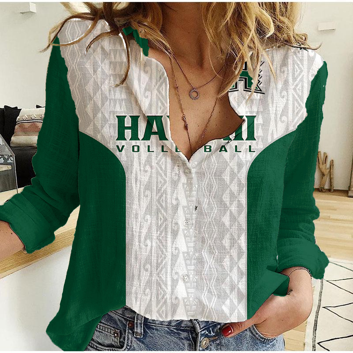 Hawaii Volleyball Women Casual Shirt Hawaiian Kakau White Style - Wonder Print Shop
