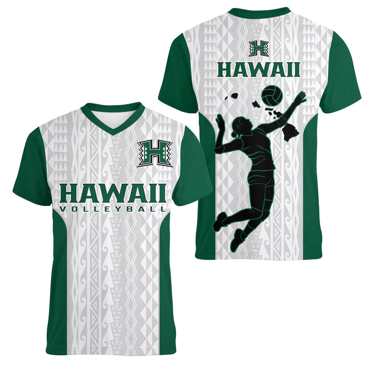 Hawaii Volleyball Women V Neck T Shirt Hawaiian Kakau White Style - Wonder Print Shop
