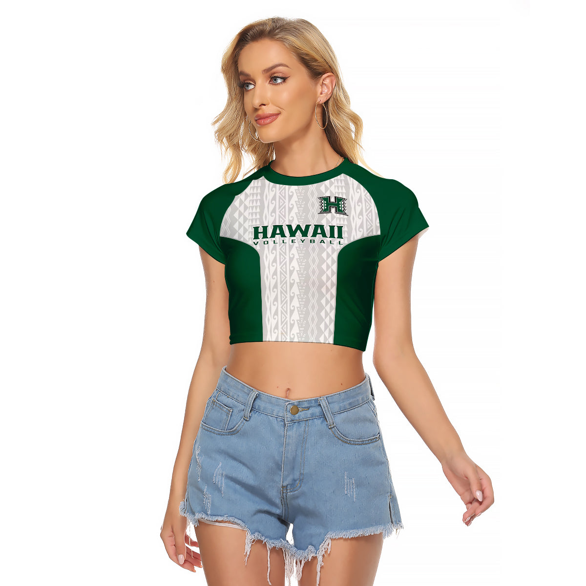 (Custom Text And Number) Hawaii Volleyball Raglan Cropped T Shirt Hawaiian Kakau White Style - Wonder Print Shop