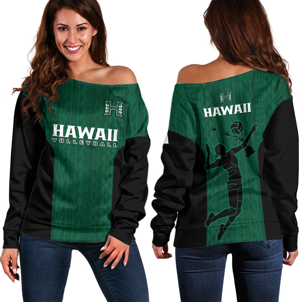 Hawaii Volleyball Off Shoulder Sweater Hawaiian Kakau Green Style - Wonder Print Shop