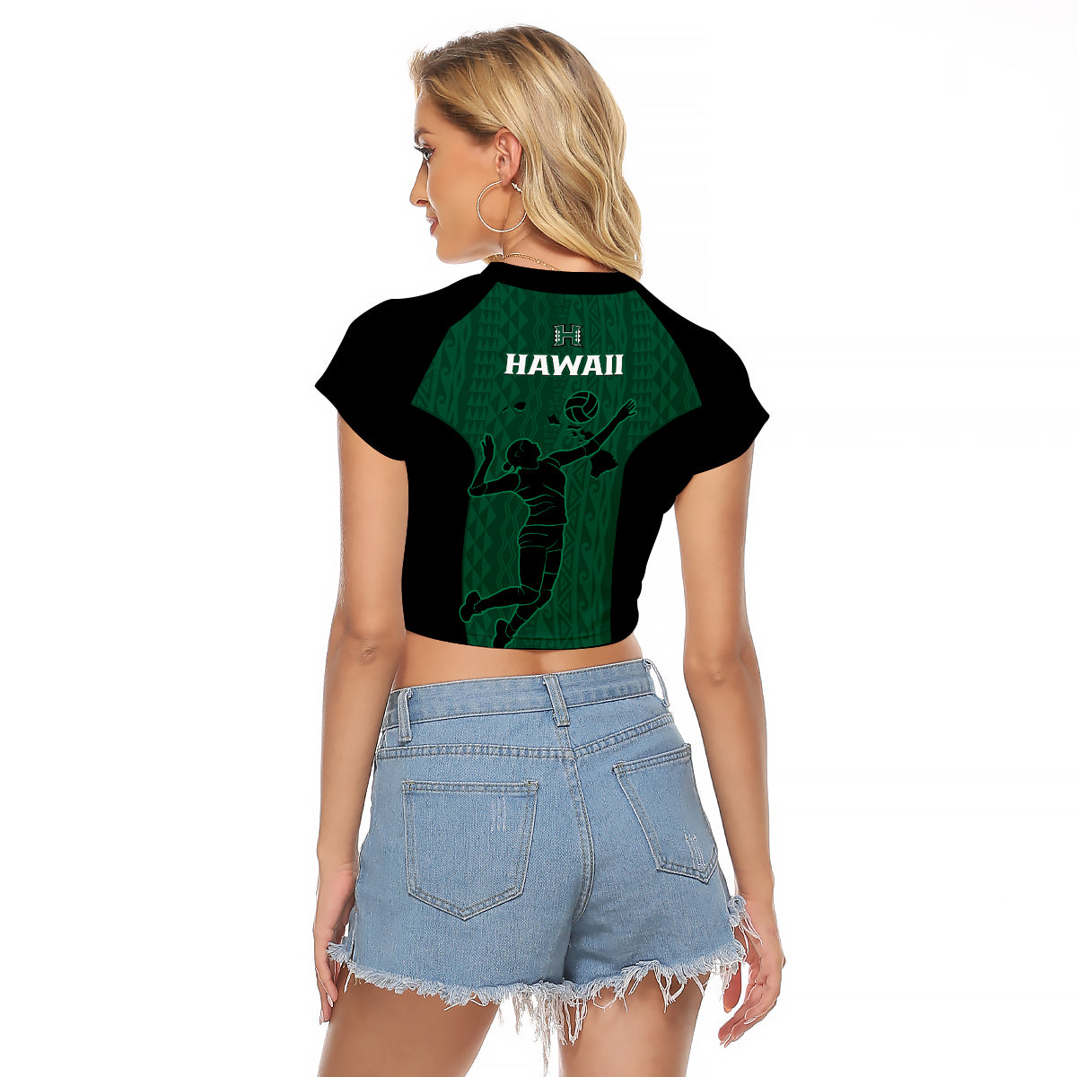 Hawaii Volleyball Raglan Cropped T Shirt Hawaiian Kakau Green Style - Wonder Print Shop