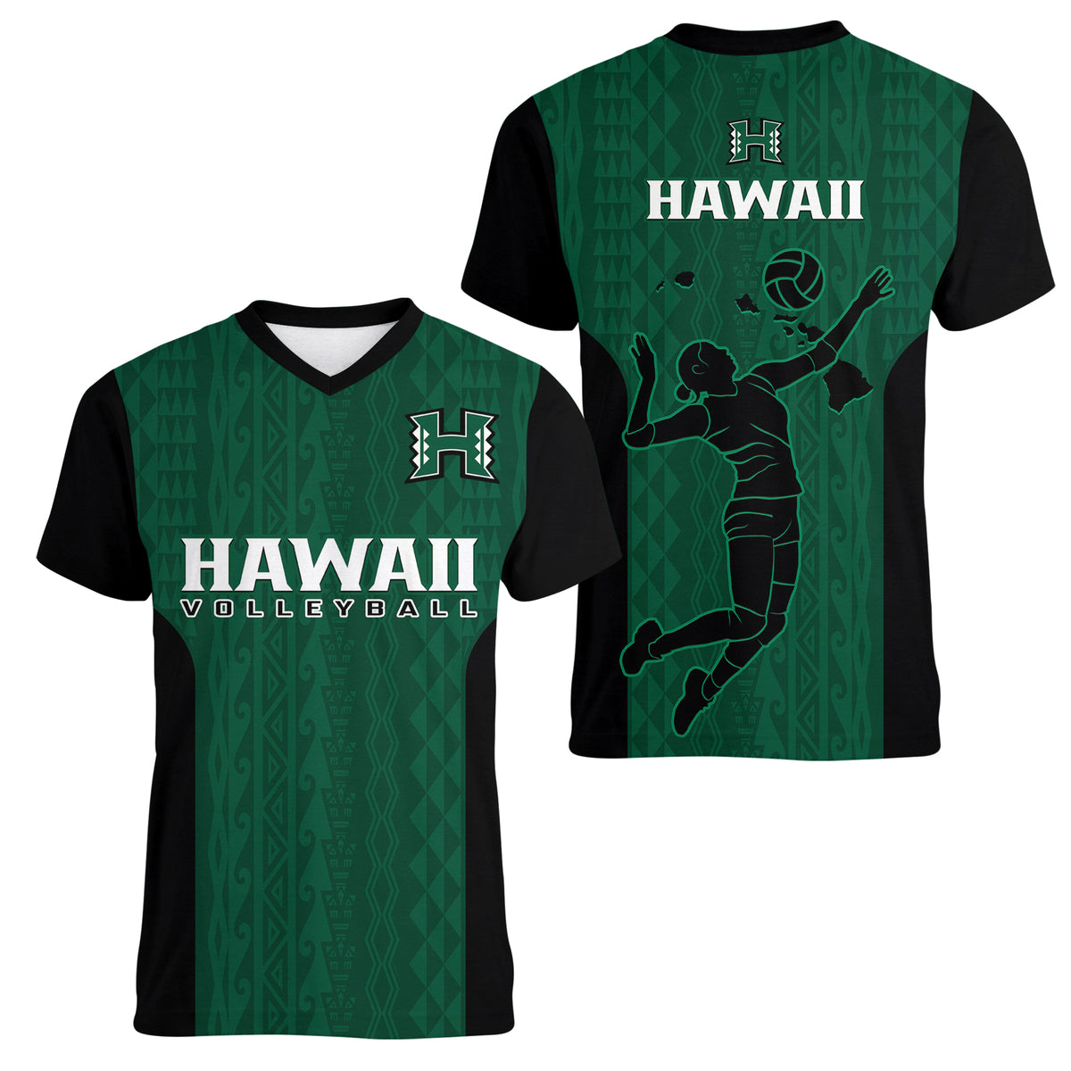 Hawaii Volleyball Women V Neck T Shirt Hawaiian Kakau Green Style - Wonder Print Shop