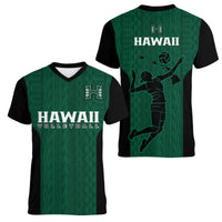 Hawaii Volleyball Women V Neck T Shirt Hawaiian Kakau Green Style - Wonder Print Shop
