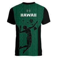 Hawaii Volleyball Women V Neck T Shirt Hawaiian Kakau Green Style - Wonder Print Shop