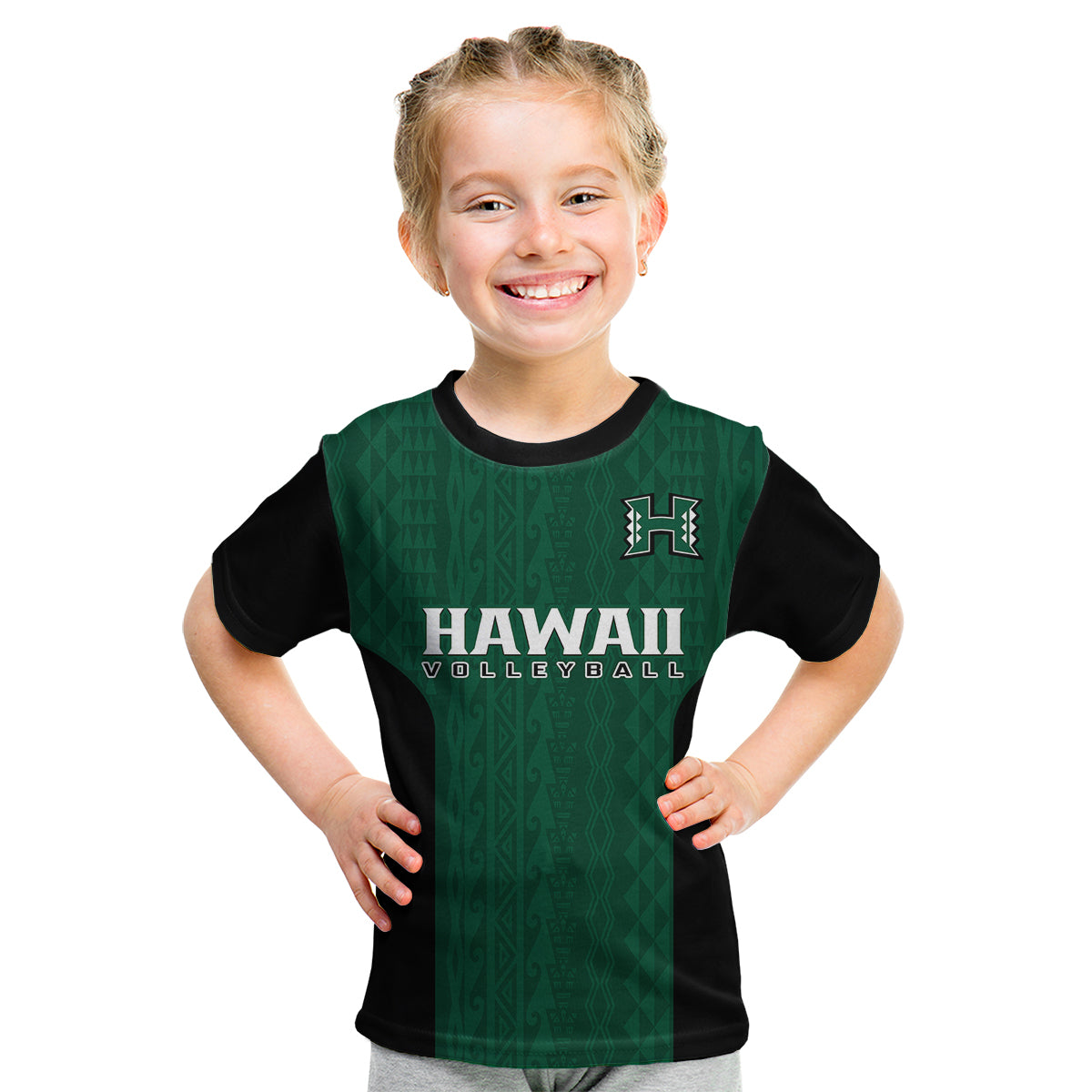 (Custom Text And Number) Hawaii Volleyball Kid T Shirt Hawaiian Kakau Green Style - Wonder Print Shop