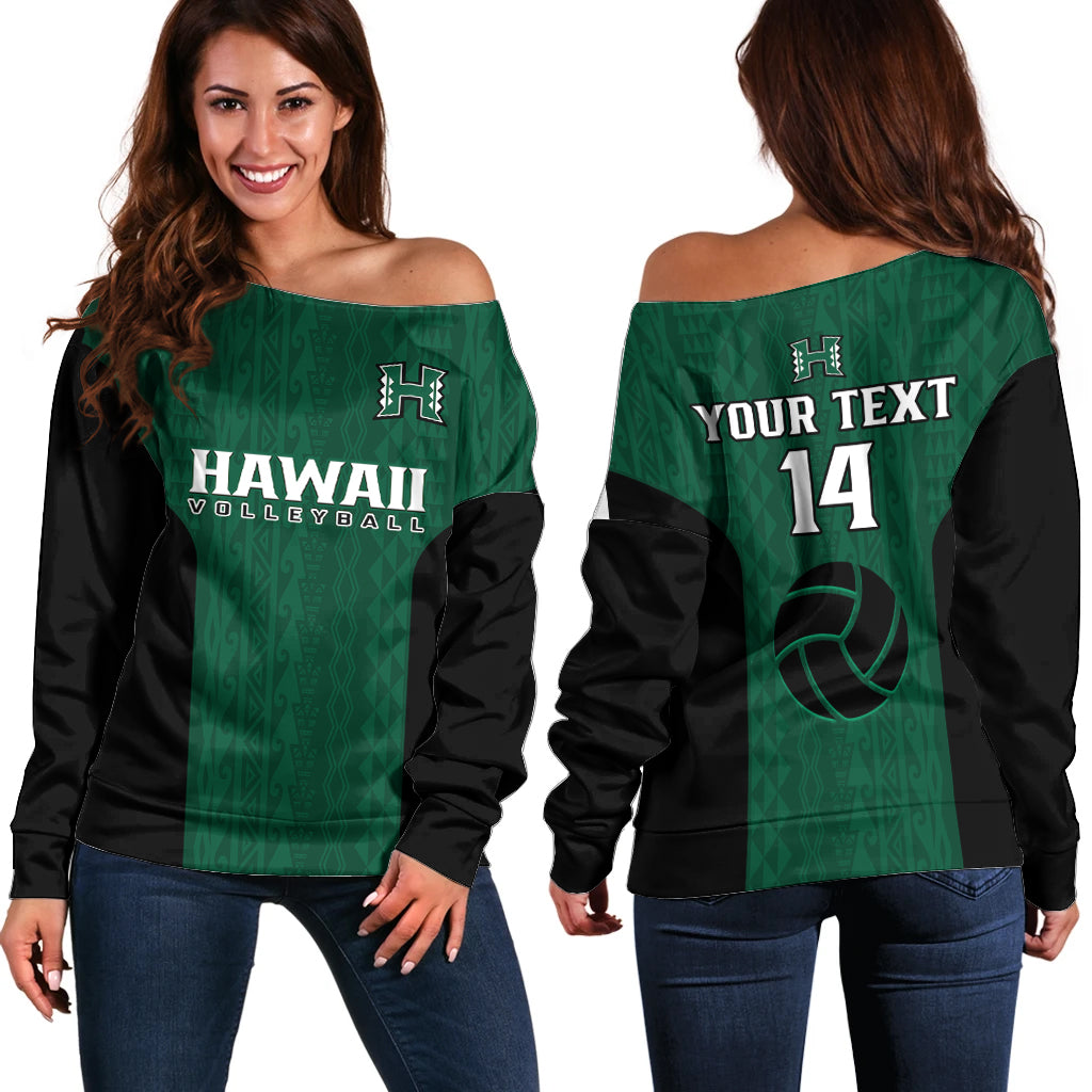(Custom Text And Number) Hawaii Volleyball Off Shoulder Sweater Hawaiian Kakau Green Style - Wonder Print Shop